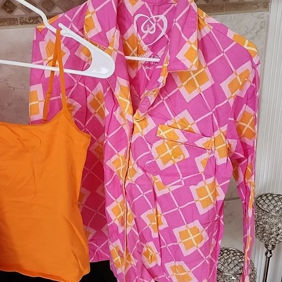 🧡🩷 VICTORIA'S SECRET Flannel Pink/Orange ARGYLE Pajama Set 🩷🧡